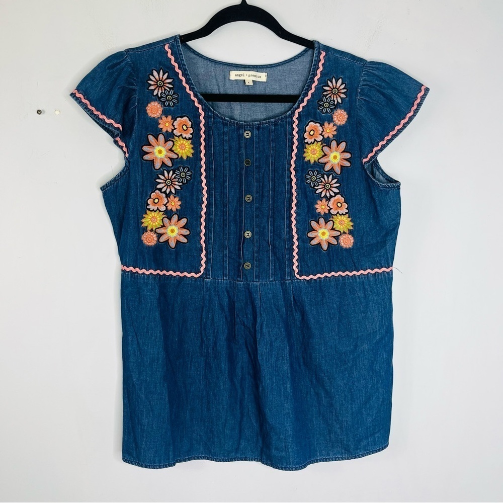 Angel + Premium Size Large Rick Rack Trim Embroidered Denim Chambray Blouse